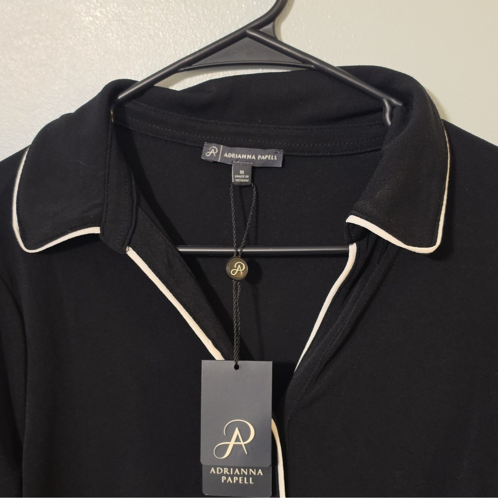 Adrianna Papell Black Solid Collared Button-Up Long Sleeve Blouse Size M #168 - Picture 2 of 6